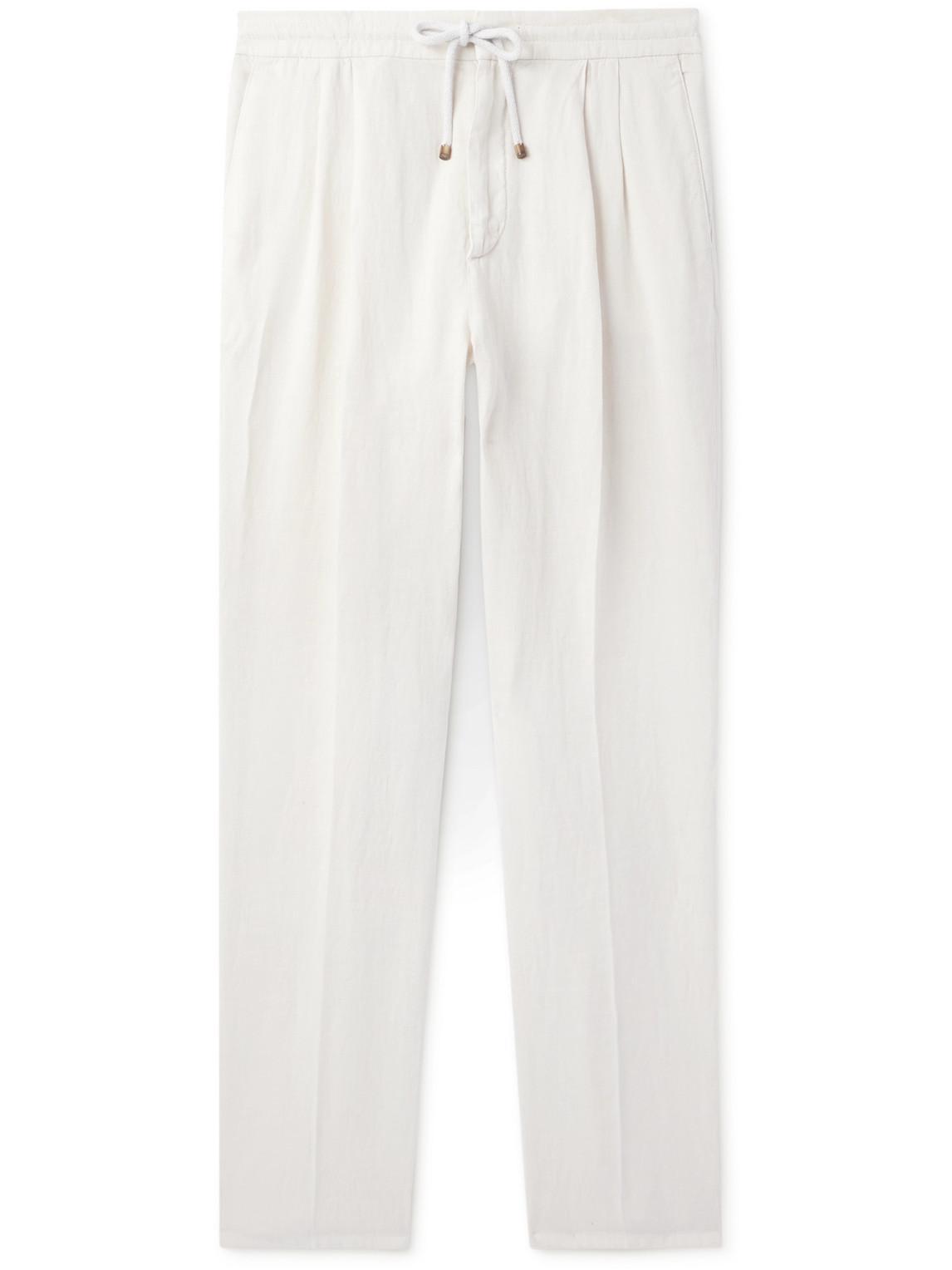 Straight-leg Pleated Linen-twill Drawstring Trousers In White Product Image