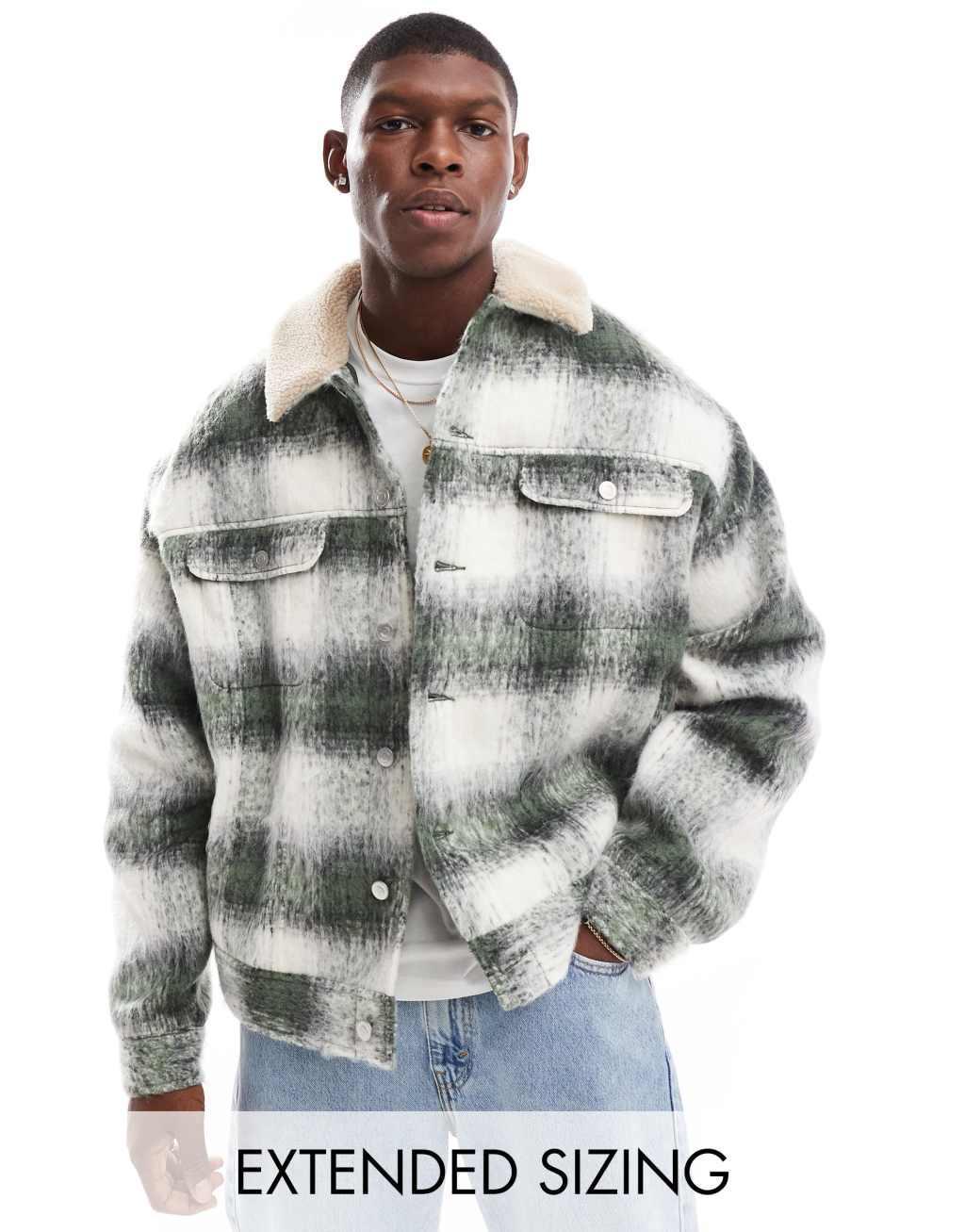 ASOS DESIGN oversized wool look harrington jacket in green plaid with borg collar Product Image