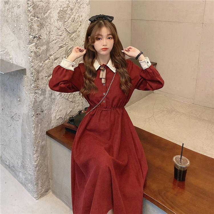 Long-Sleeve Plain Midi A-Line Shirt Dress Product Image