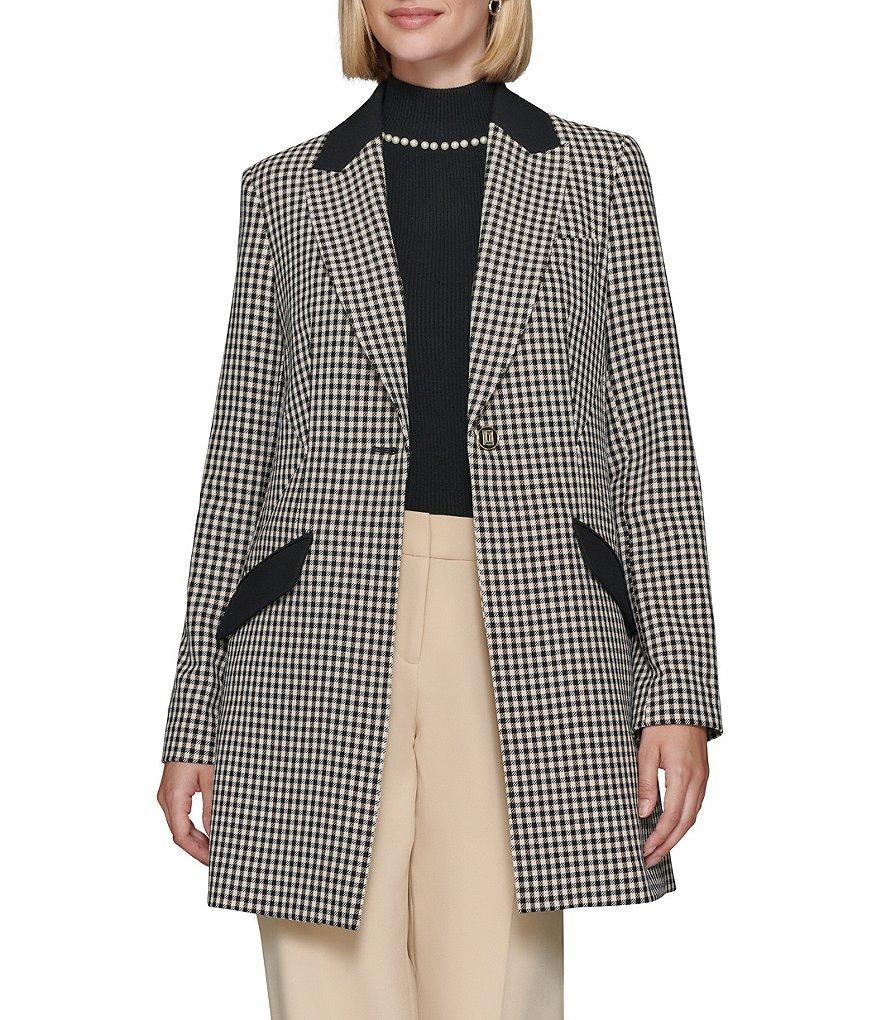 KARL LAGERFELD PARIS Notch Lapel Collar Long Sleeve Contrast Pocket Gingham Topper Jacket Product Image