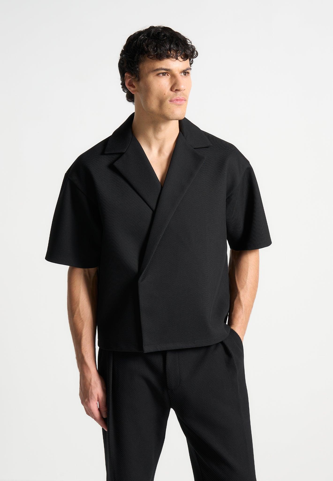 Boxy Twill Double Breasted Shirt - Black Male Product Image