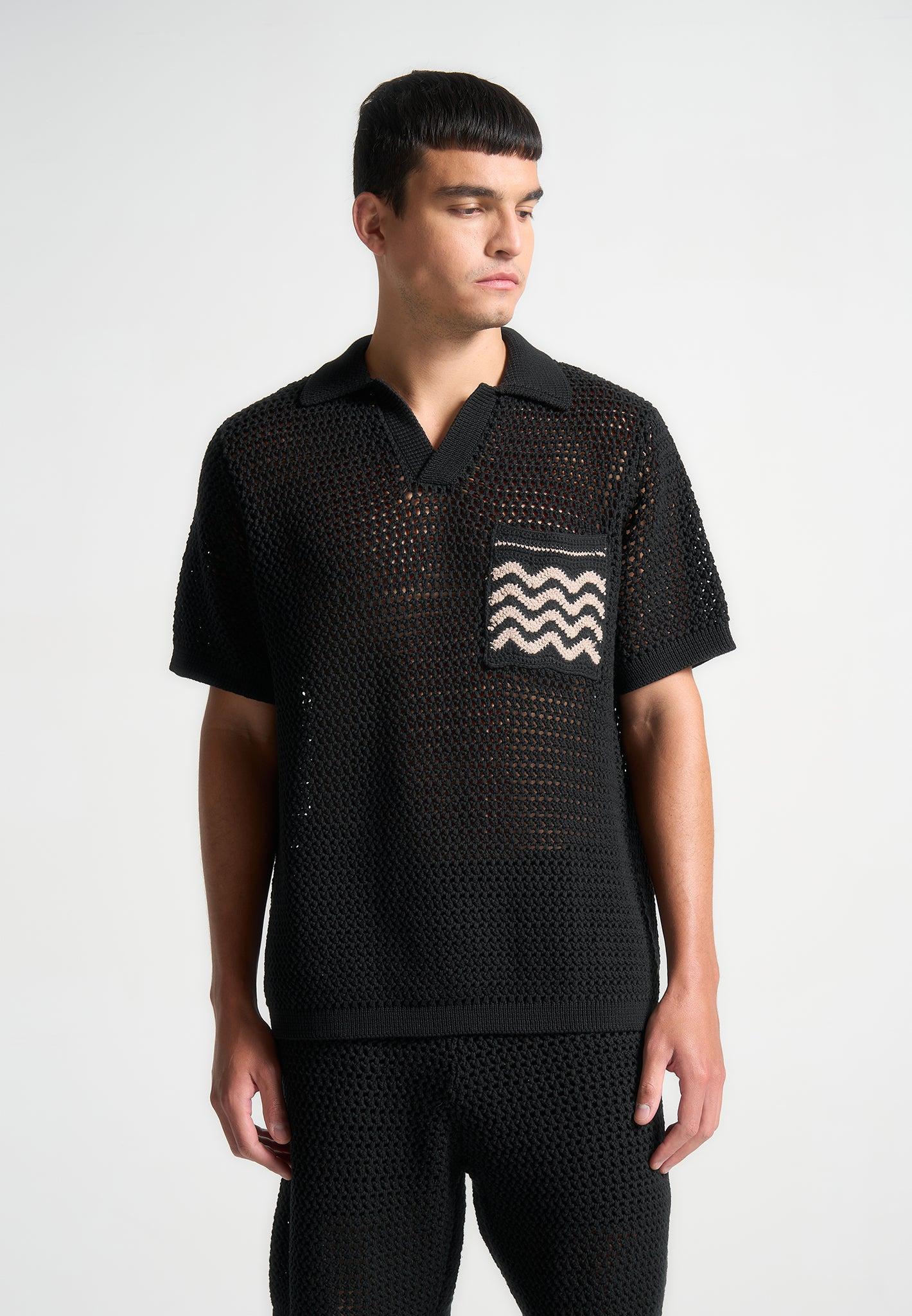 Crochet Knit Polo Shirt  - Black Male Product Image