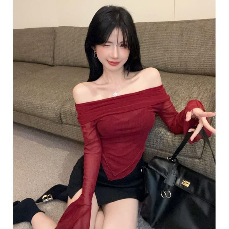 Flare-Sleeve Off Shoulder Asymmetrical Plain Crop Top Product Image