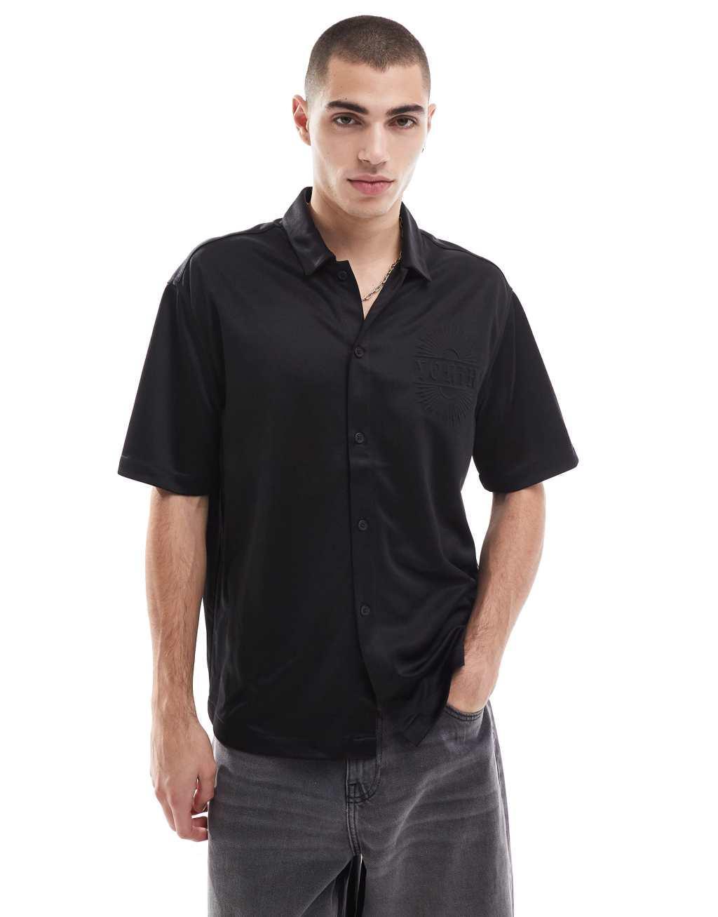 Bershka short sleeve raised design shirt in black Product Image