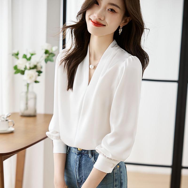 Puff-Sleeve V-Neck Satin Blouse Product Image