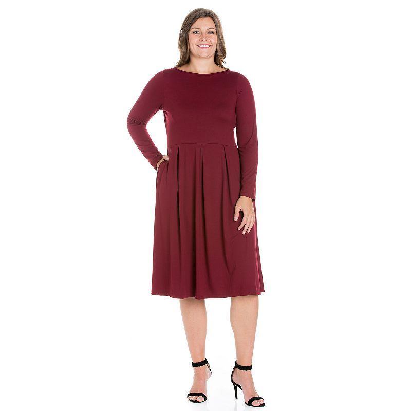 Plus Size 24seven Comfort Apparel Long Sleeve Fit and Flare Midi Dress, Womens Red Product Image