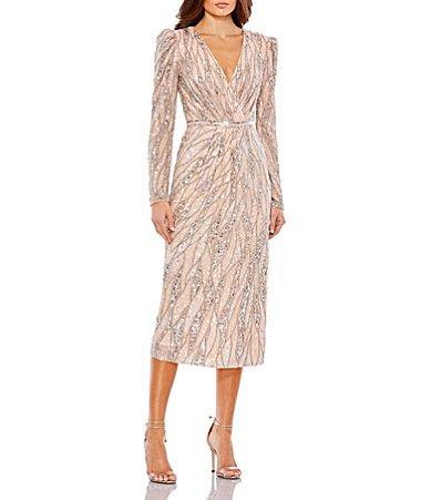 Mac Duggal Long Puffed Sleeve Surplice V-Neck Sequin Embellished Sheath Dress Product Image