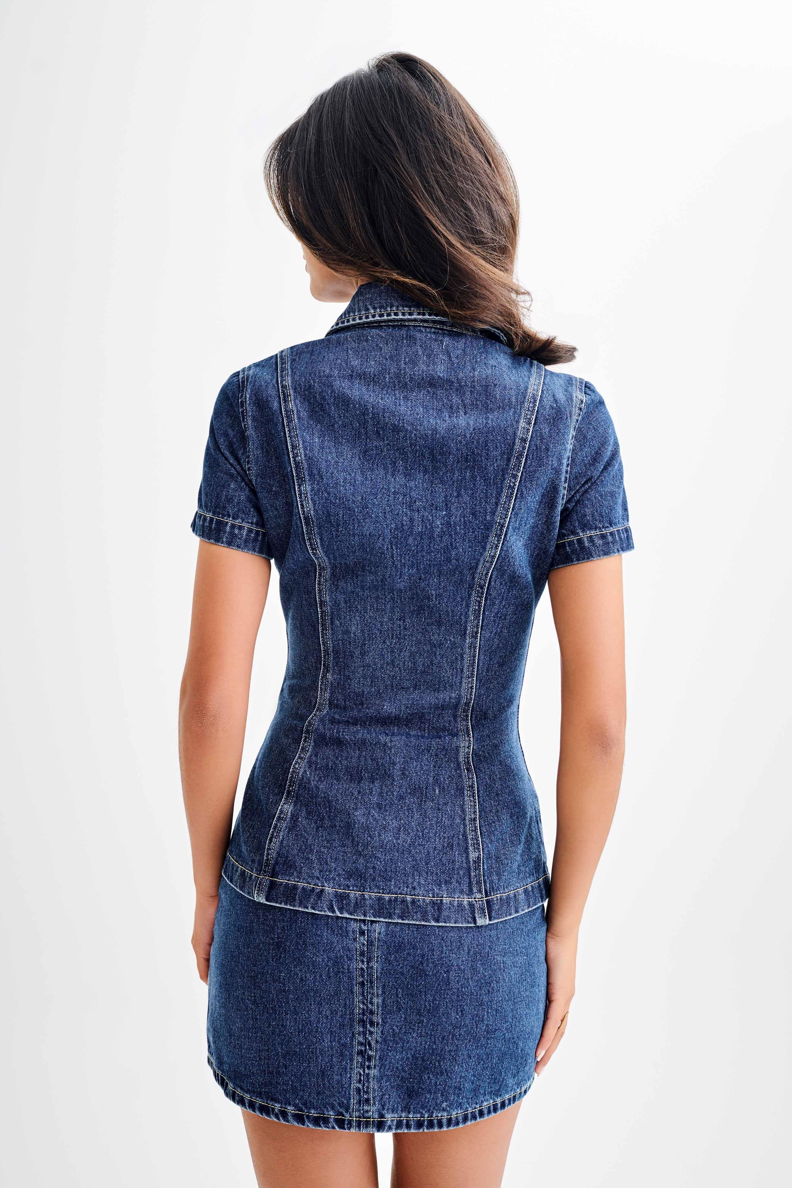 Ellie Denim Short Sleeve Top - Dark Blue Product Image