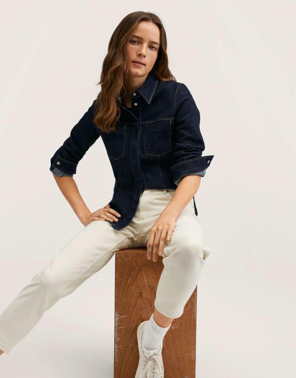 Mango contrast seam straight leg jeans in off white Product Image