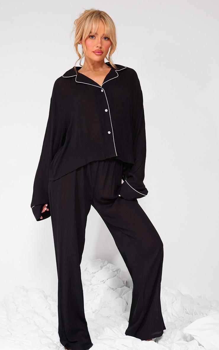 Black Crinkle Long Sleeve Shirt And Pant Pj Set Product Image