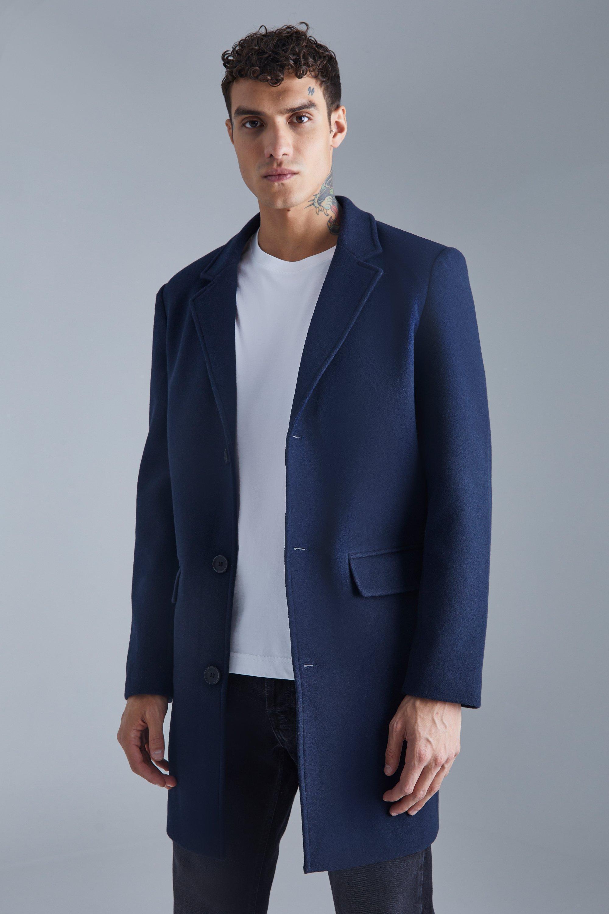 Mens Navy Single Breasted Wool Mix Overcoat, Navy Product Image