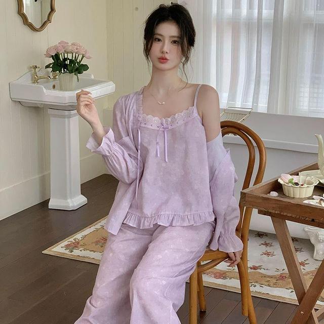 Pajama Set: Floral Lace Trim Camisole Top + Pants + Long-Sleeve Lace-Up Top Product Image