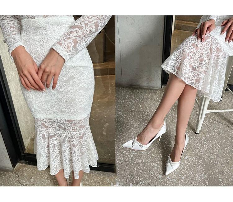 Set: Long-Sleeve Crew Neck Button Lace Crop Slim Fit Top + High Waist Midi Mermaid Skirt Product Image