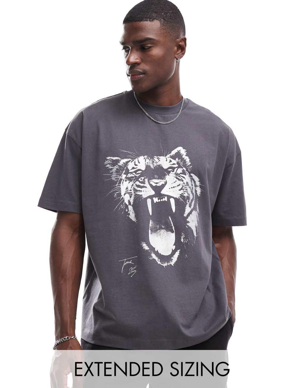 ASOS DESIGN oversized T-shirt with tiger print in charcoal Product Image