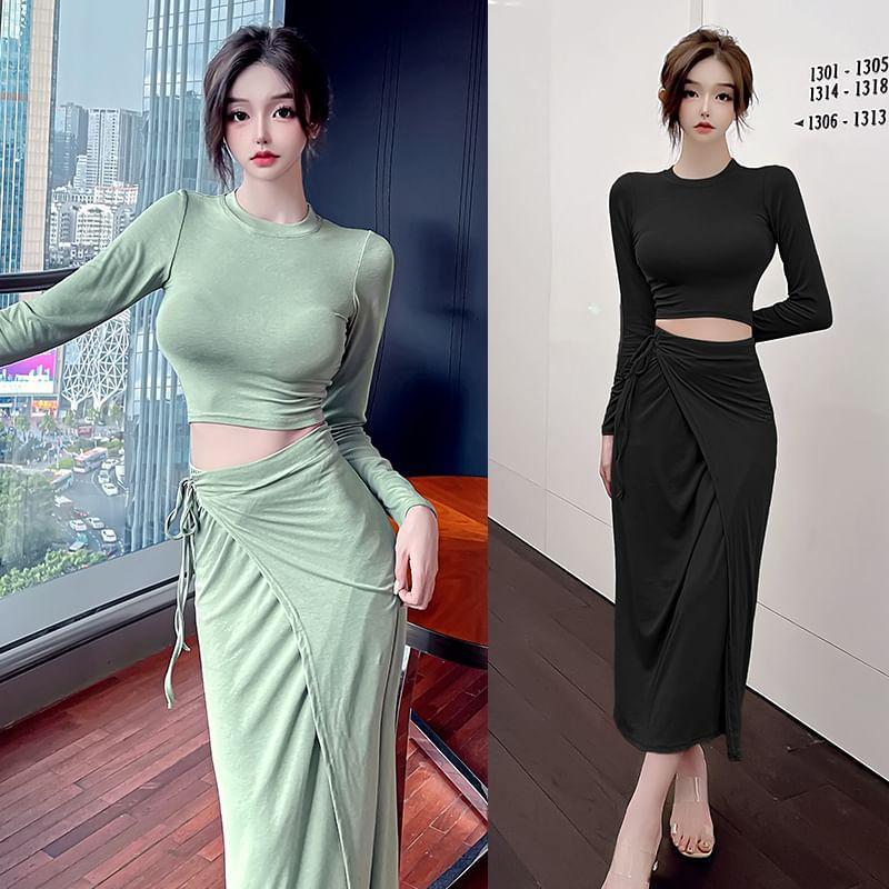 Set: Long-Sleeve Off Shoulder Plain Top + High Waist Asymmetrical Midi Skirt Product Image