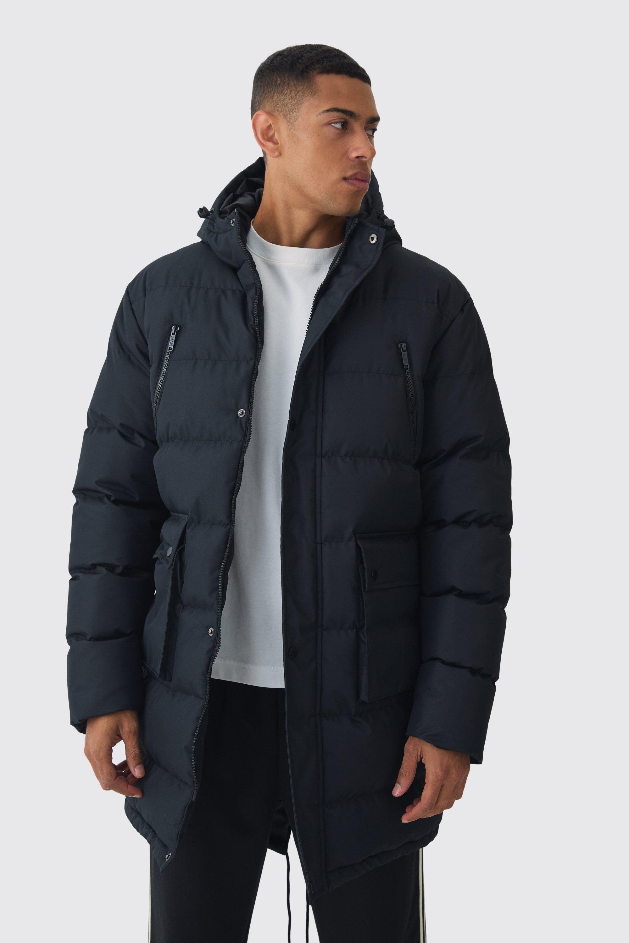 Mid Length Hooded Puffer Parka In Black | boohooMAN USA Product Image