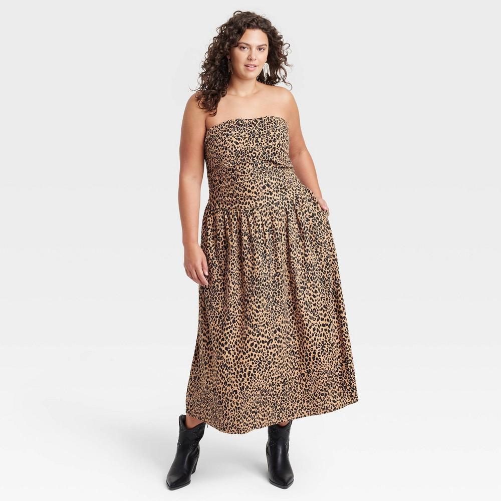 Womens Ruched Maxi A-Line Dress - Universal Thread Black/Brown Leopard XXL Product Image