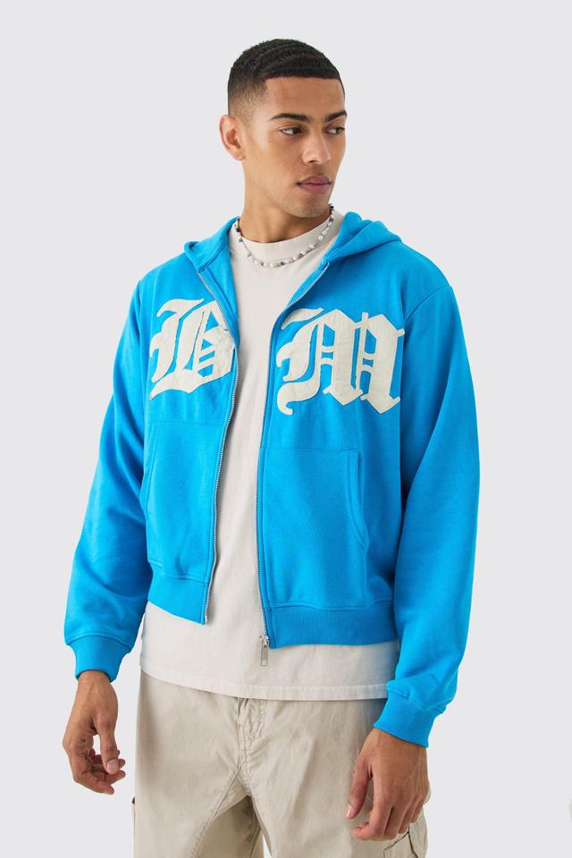 Mens Blue Boxy Zip Through Distressed Applique Hoodie, Blue Product Image