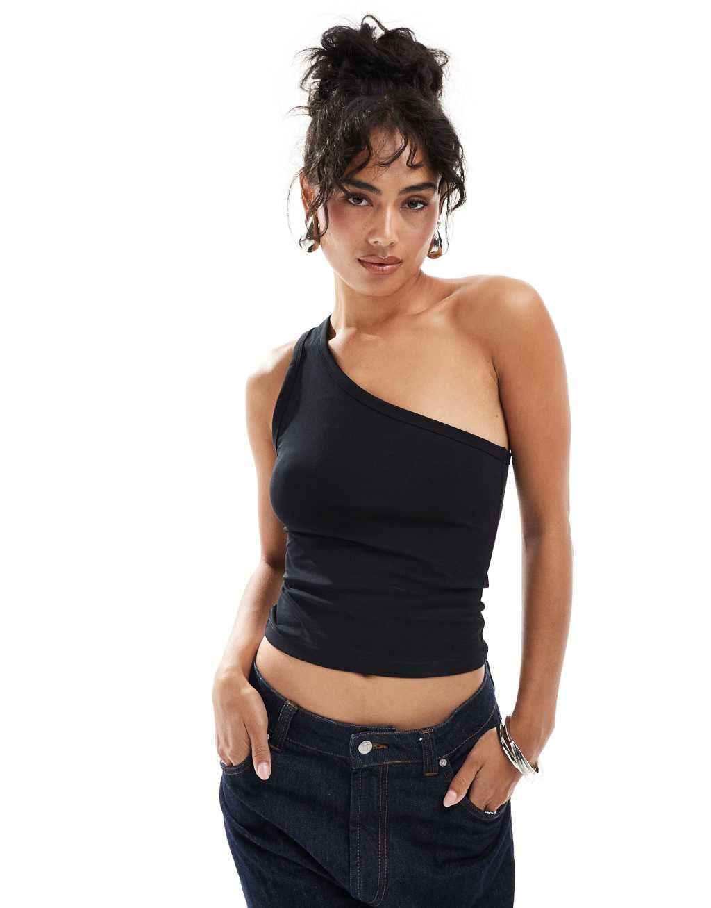 Mango one shoulder top in black Product Image