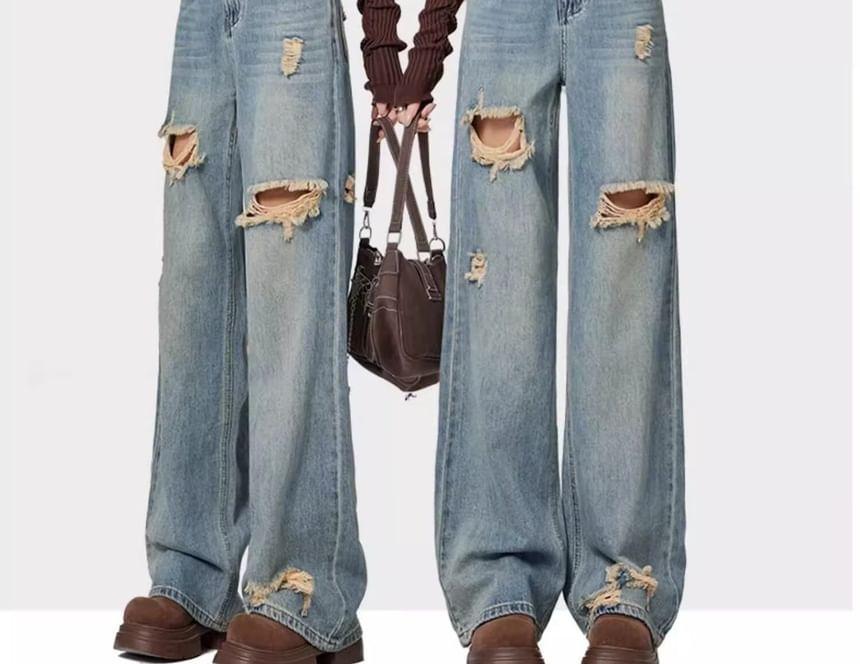 High Rise Distressed Washed Wide Leg Jeans Product Image