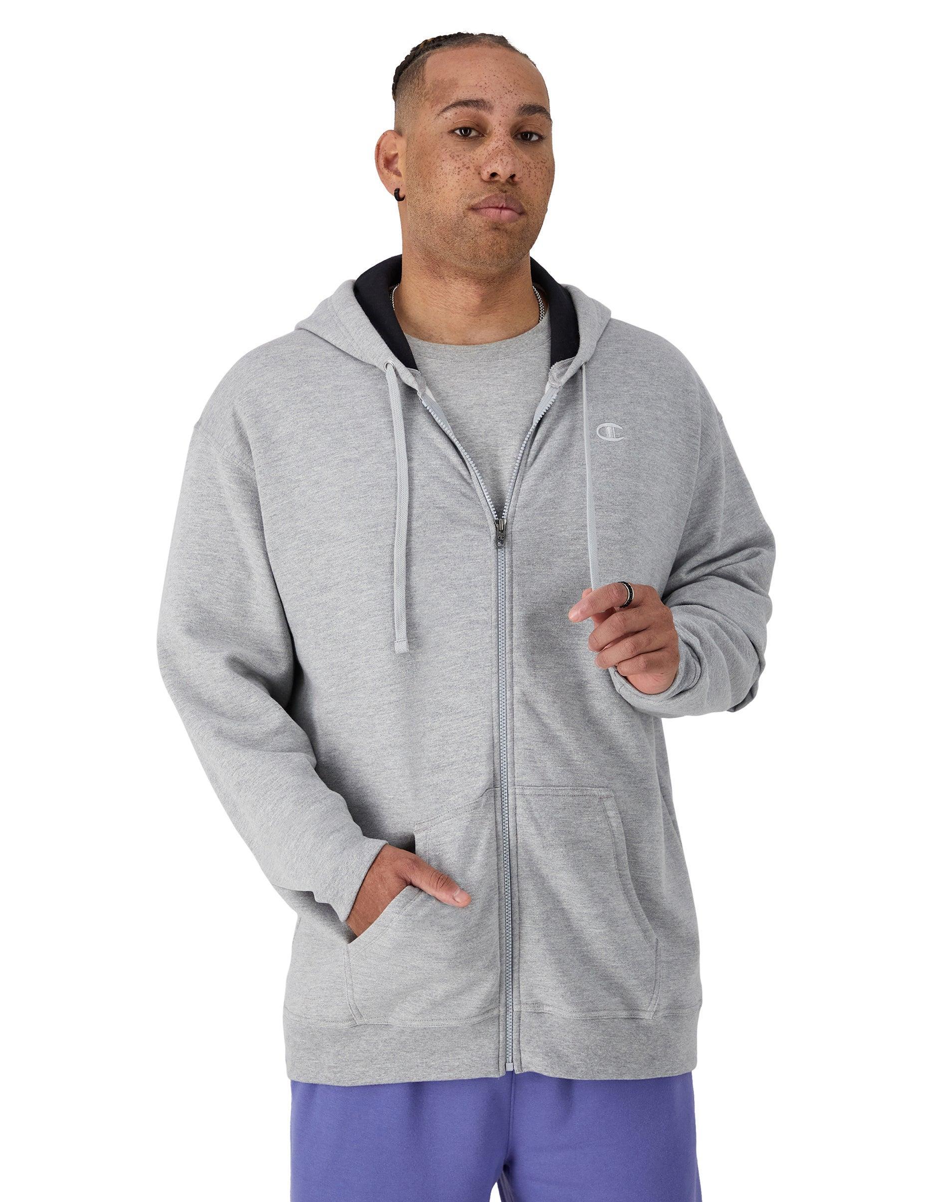 Mens Champion Powerblend Hoodie, Zip Up, C Logo (Big & Tall) Oxford Grey LT Product Image