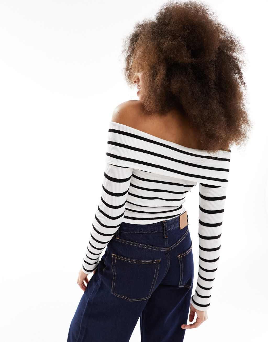 Pull&Bear off shoulder long sleeved top in black & white stripe Product Image