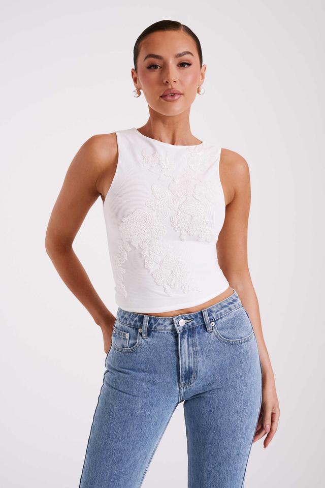 Luci Beaded Flower Mesh Top - White Product Image