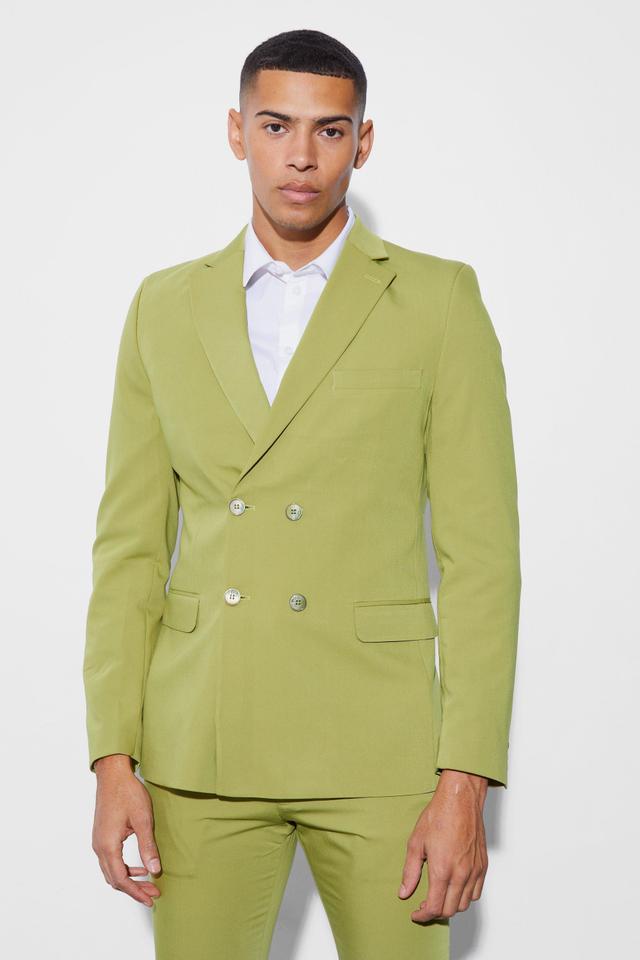 Mens Green Skinny Fit Double Breasted Blazer, Green Product Image