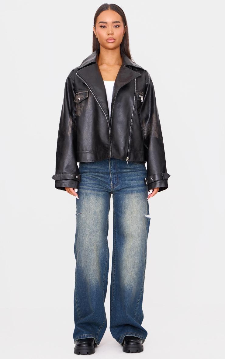 Black Worn Faux Leather Oversized Biker Jacket Product Image