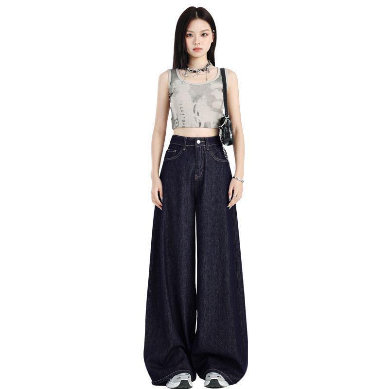 High Rise Fleece Lined Plain Wide Leg Jeans (Various Designs) Product Image