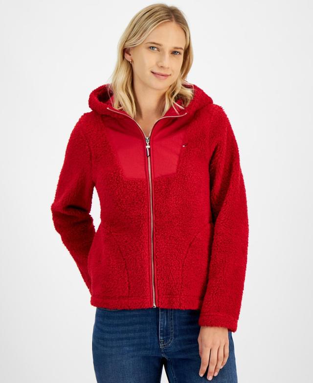 Tommy Hilfiger Womens Sherpa Zip-Front Hooded Sweater Product Image