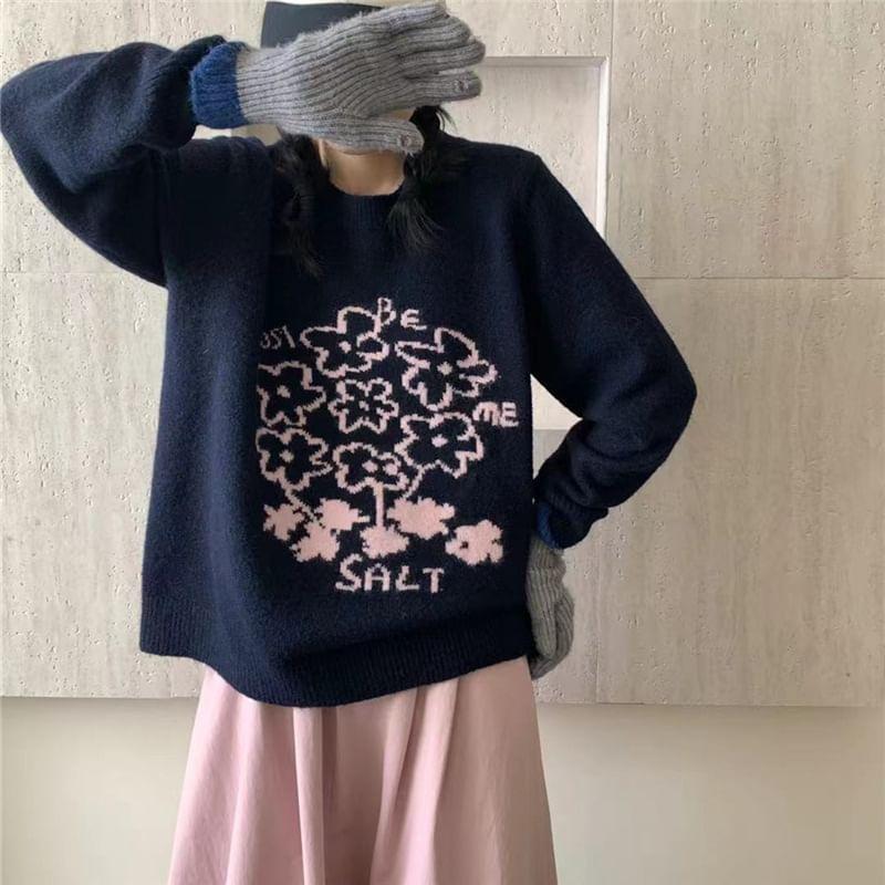 Round Neck Floral Patterned Sweater Product Image