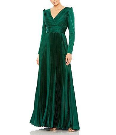 Mac Duggal Long Sleeve Pleated Chiffon A-Line Gown Product Image