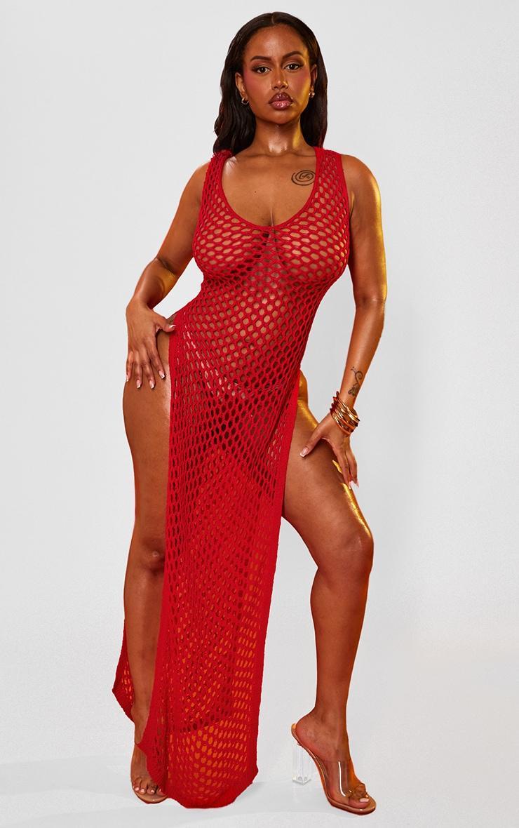 Shape Red Crochet Knit Split Side Maxi Dress Product Image