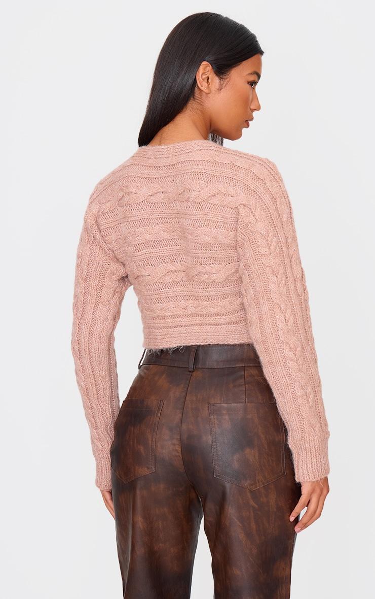 Brown Cable Knitted Wrap Front Cropped Sweater Product Image