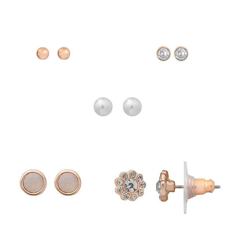 LC Lauren Conrad Rose Gold Tone Simulated Pearl & Crystal 5-Pack Stud Earrings Set, Womens, Multicolor Product Image