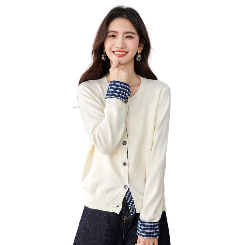 Mock Two-Piece Round Neck Plaid Panel Cardigan Product Image