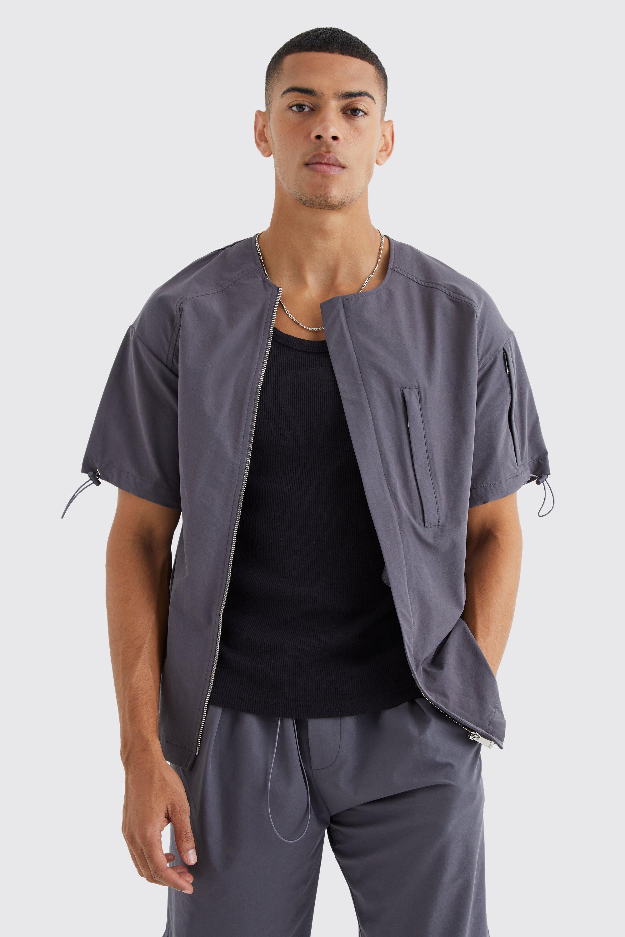 Short Sleeve Collarless Technical Zip Shirt | boohooMAN USA Product Image