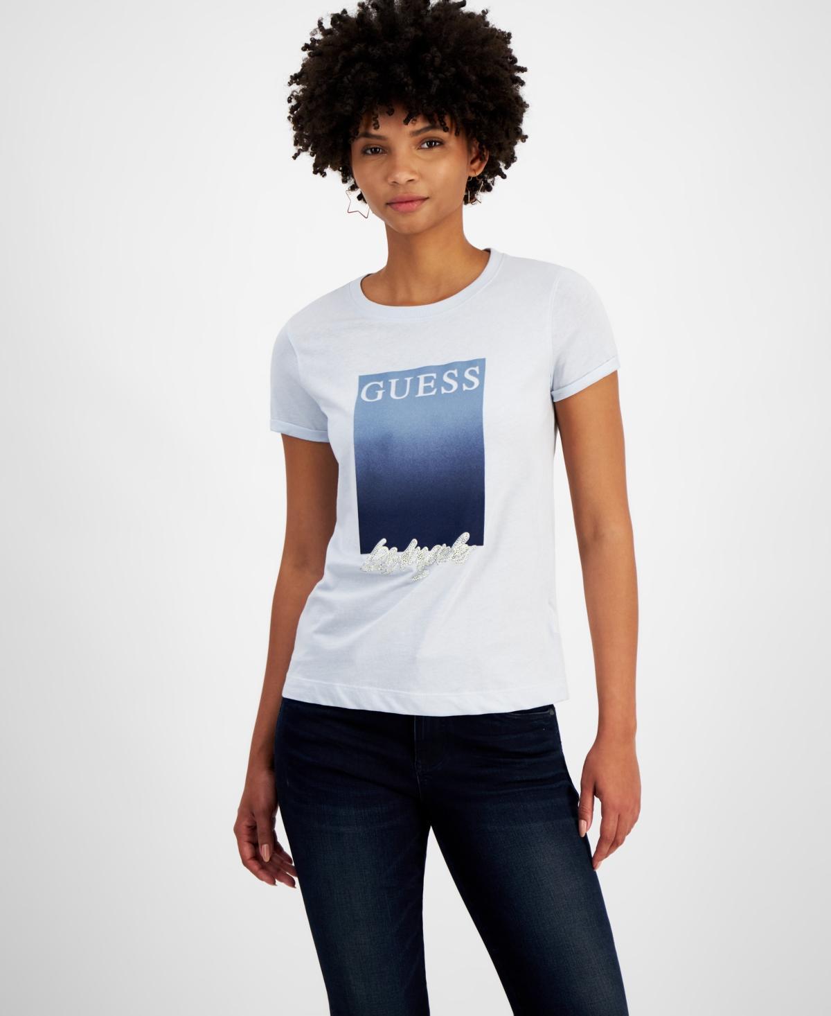 Guess Womens Crewneck Cotton Embellished-Logo T-Shirt Product Image