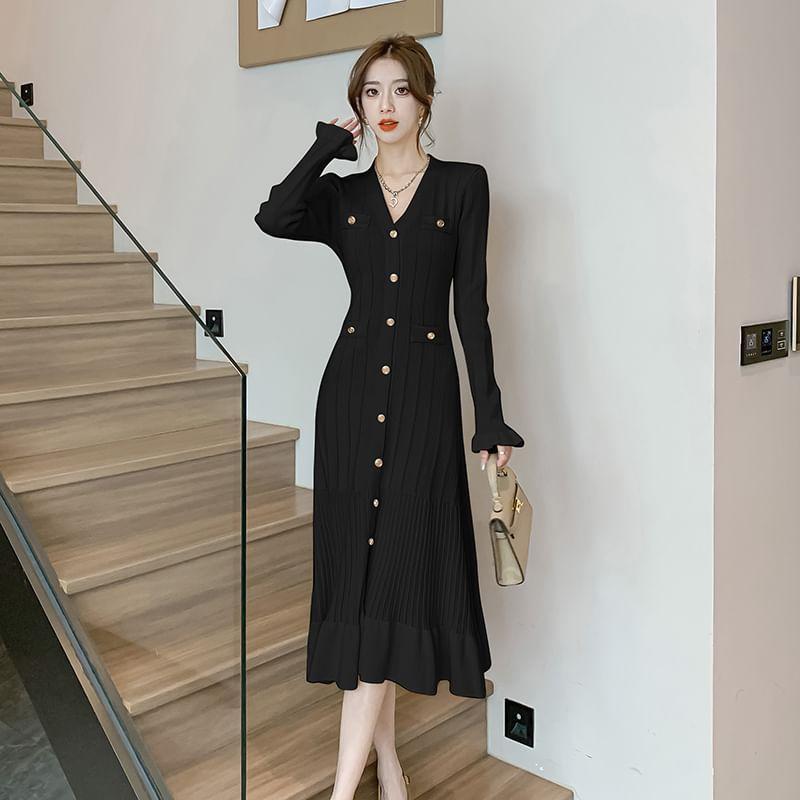 Long-Sleeve V-Neck Plain Button Ribbed Midi A-Line Knit Dress Product Image