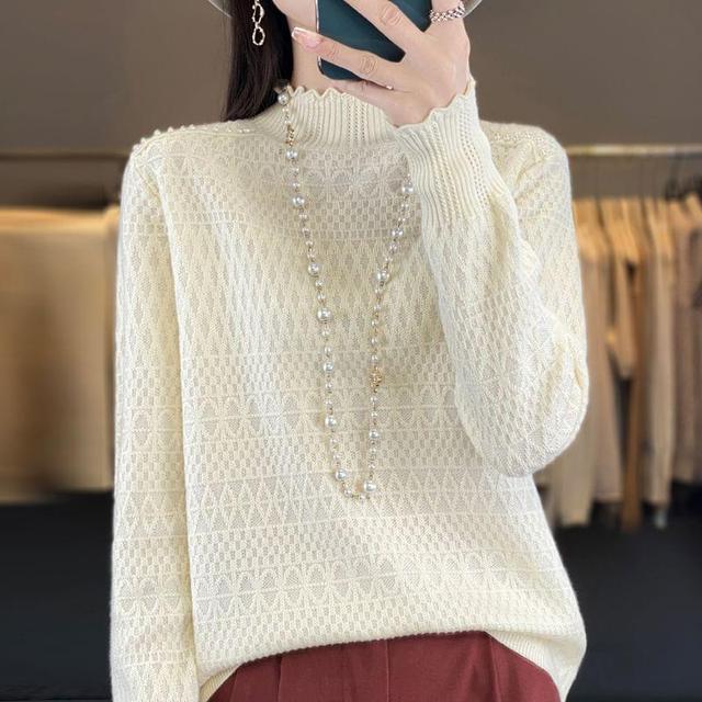 Long Sleeve Mock Neck Plain Beaded Knit Top Product Image