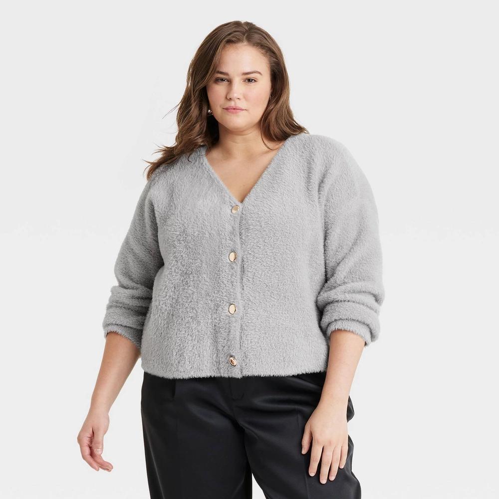 Womens Fuzzy Party Cardigan - A New Day Gray 4X Product Image