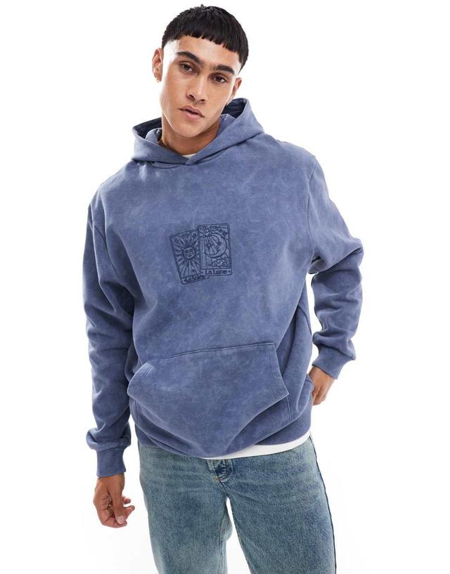 ASOS DESIGN boxy oversized hoodie with embroidery in vintage indigo wash Product Image