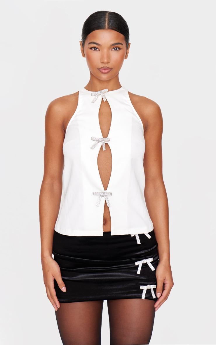 White Woven Diamante Bow Split Long Top product image