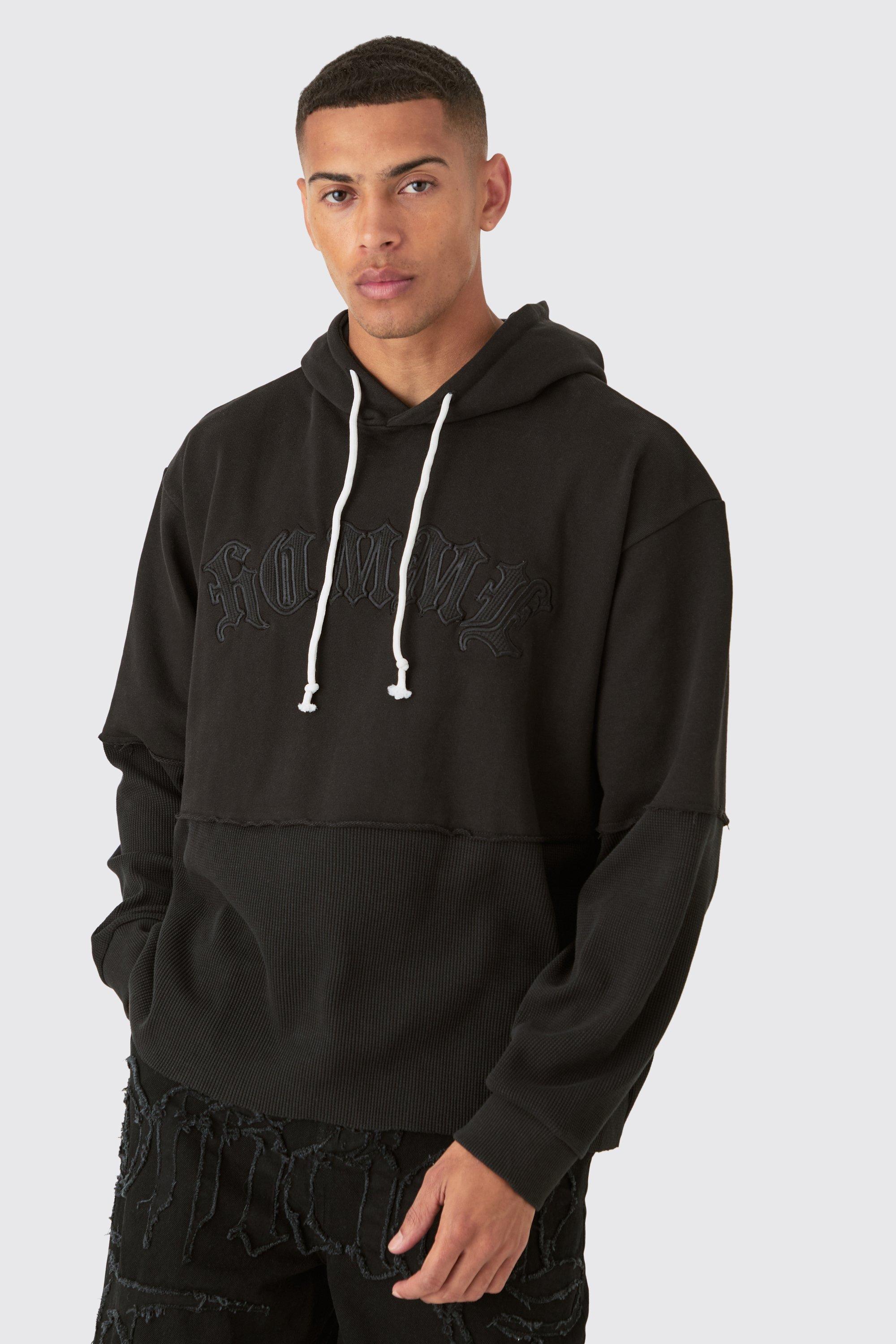 Mens Black Oversized Waffle Faux Layer Applique Hoodie, Black Product Image