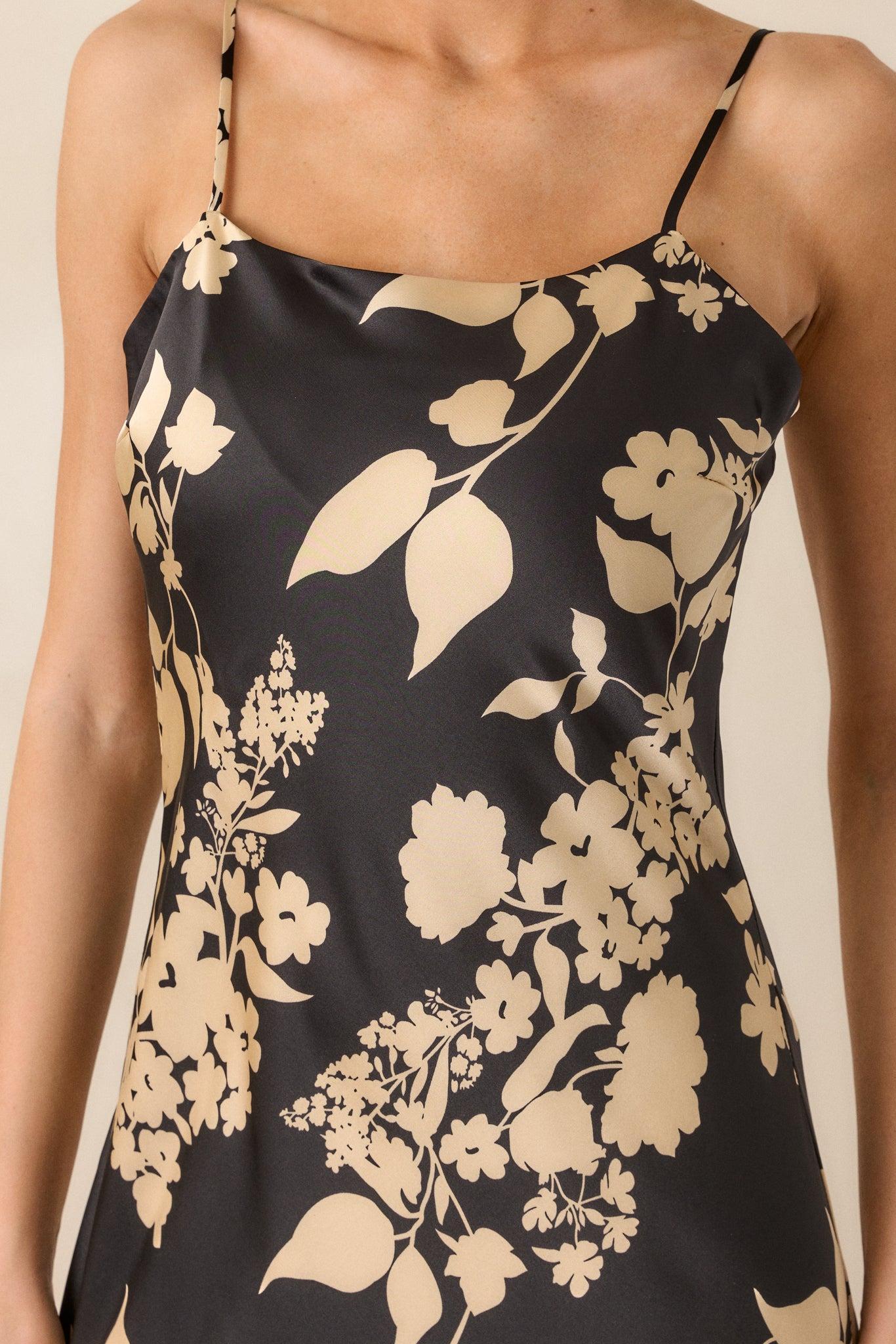 Crescent Glow Black Floral Satin Maxi Dress Product Image