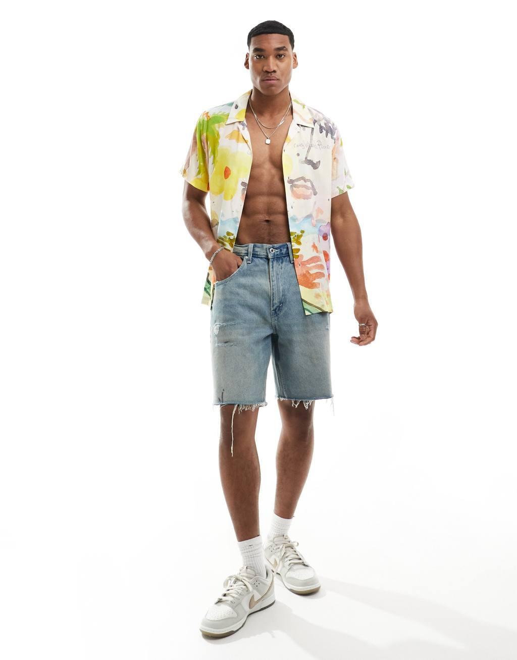 Coney Island Picnic watercolor print camp collar shirt in multi Product Image