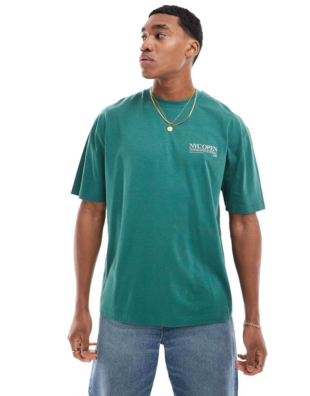 ASOS DESIGN oversized T-shirt in green with sport chest and back print Product Image