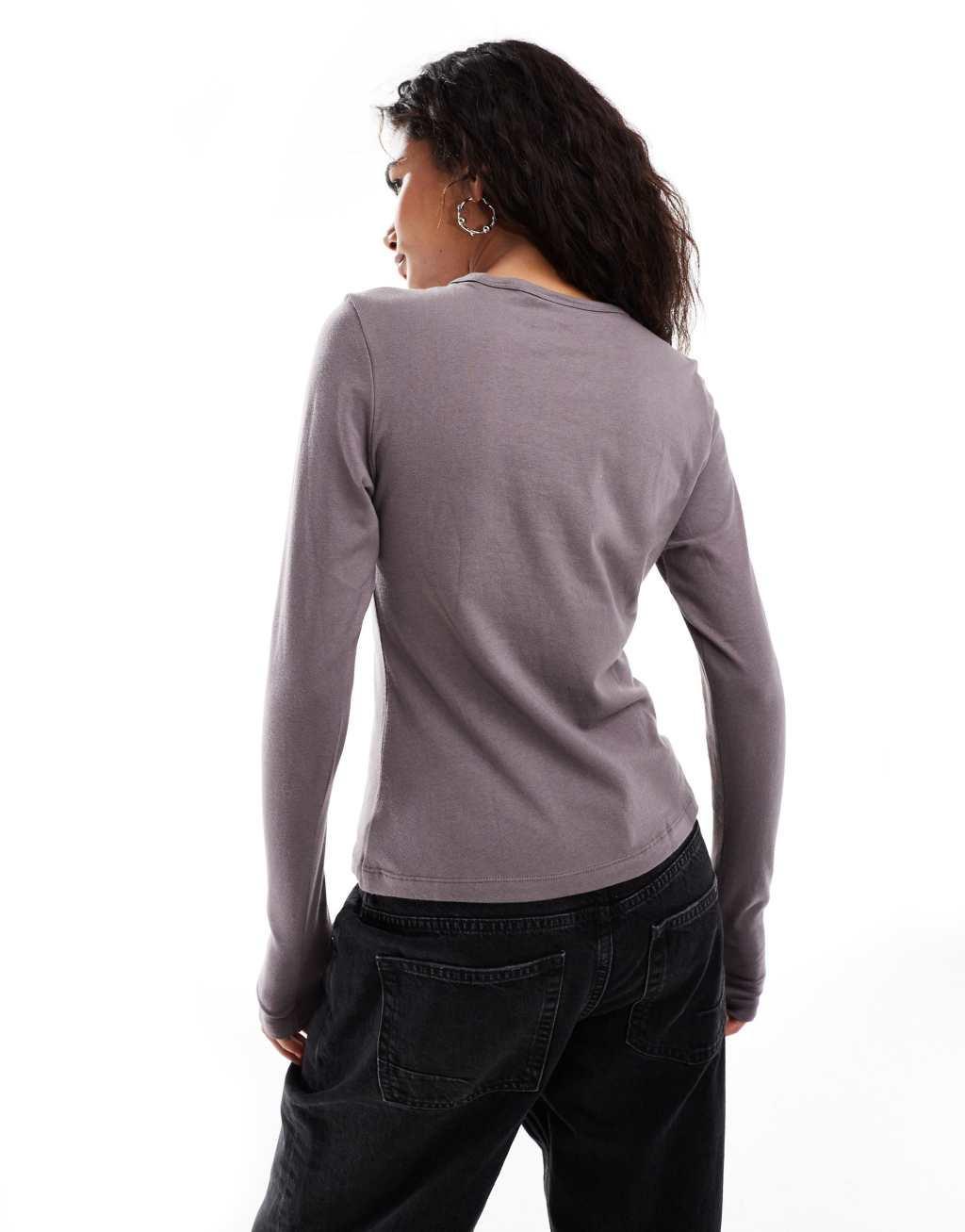 Weekday Milly super soft slim fit long sleeve T-shirt in mole Product Image