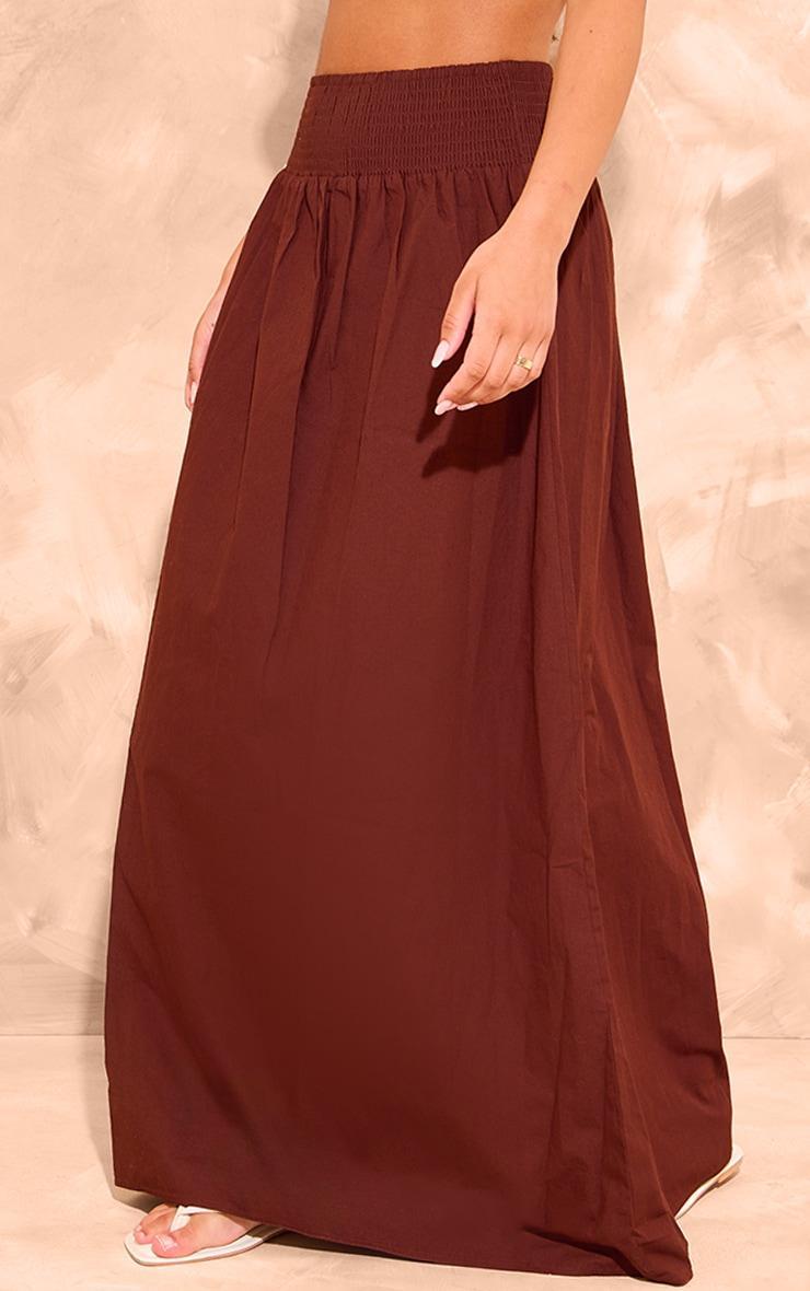 Chocolate Cotton Poplin Shirred Waistband Flowy Maxi Skirt Product Image